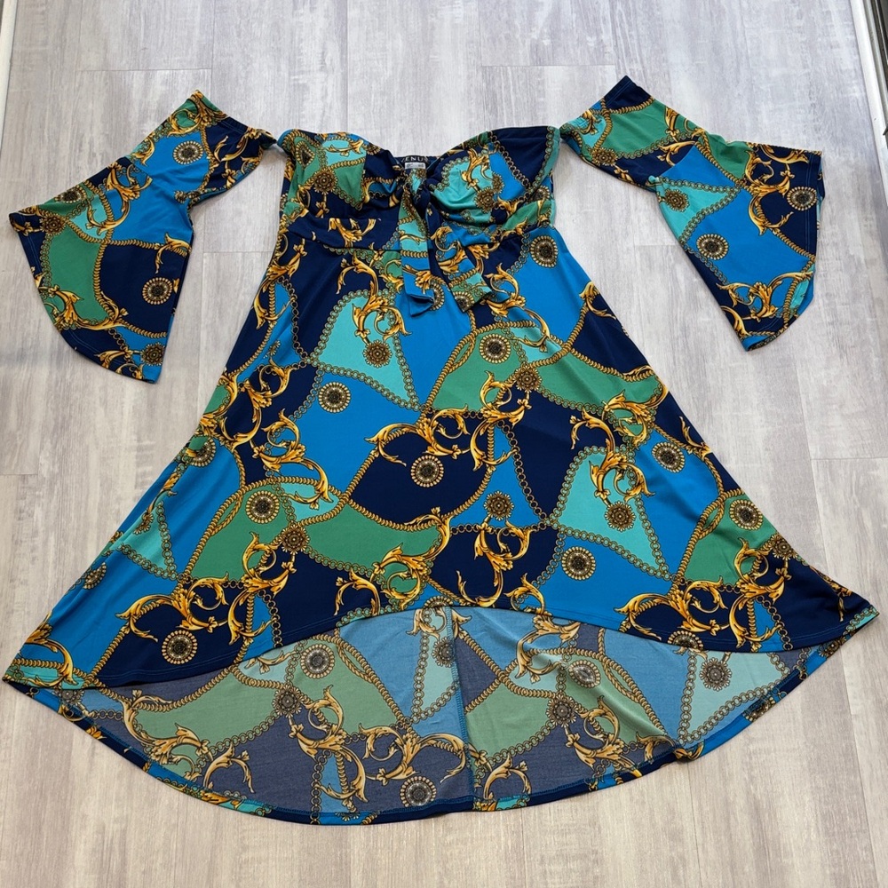 VENUS Blue and Green Patterned off the shoulder Dress Bell Sleeves Medium